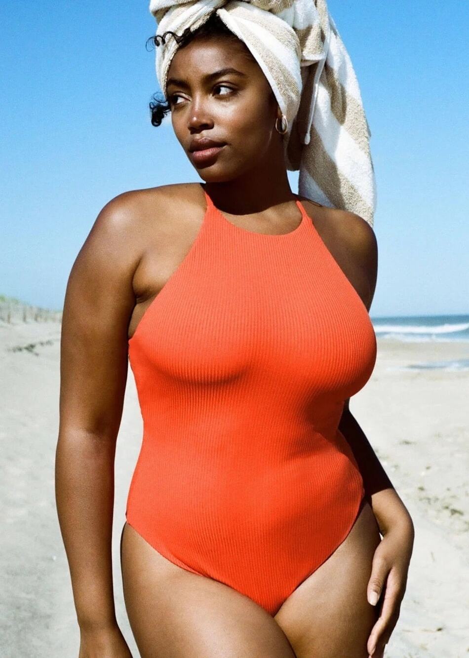 Andie Swim The Asbury Ribbed One Piece Swimsuit in Siren Orange S NWT